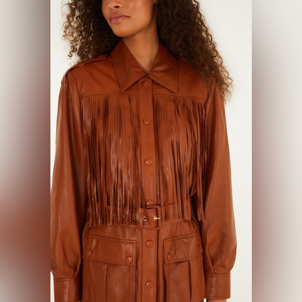 Farm Rio Brown Fringes Leather Coat - Picture 3 of 10